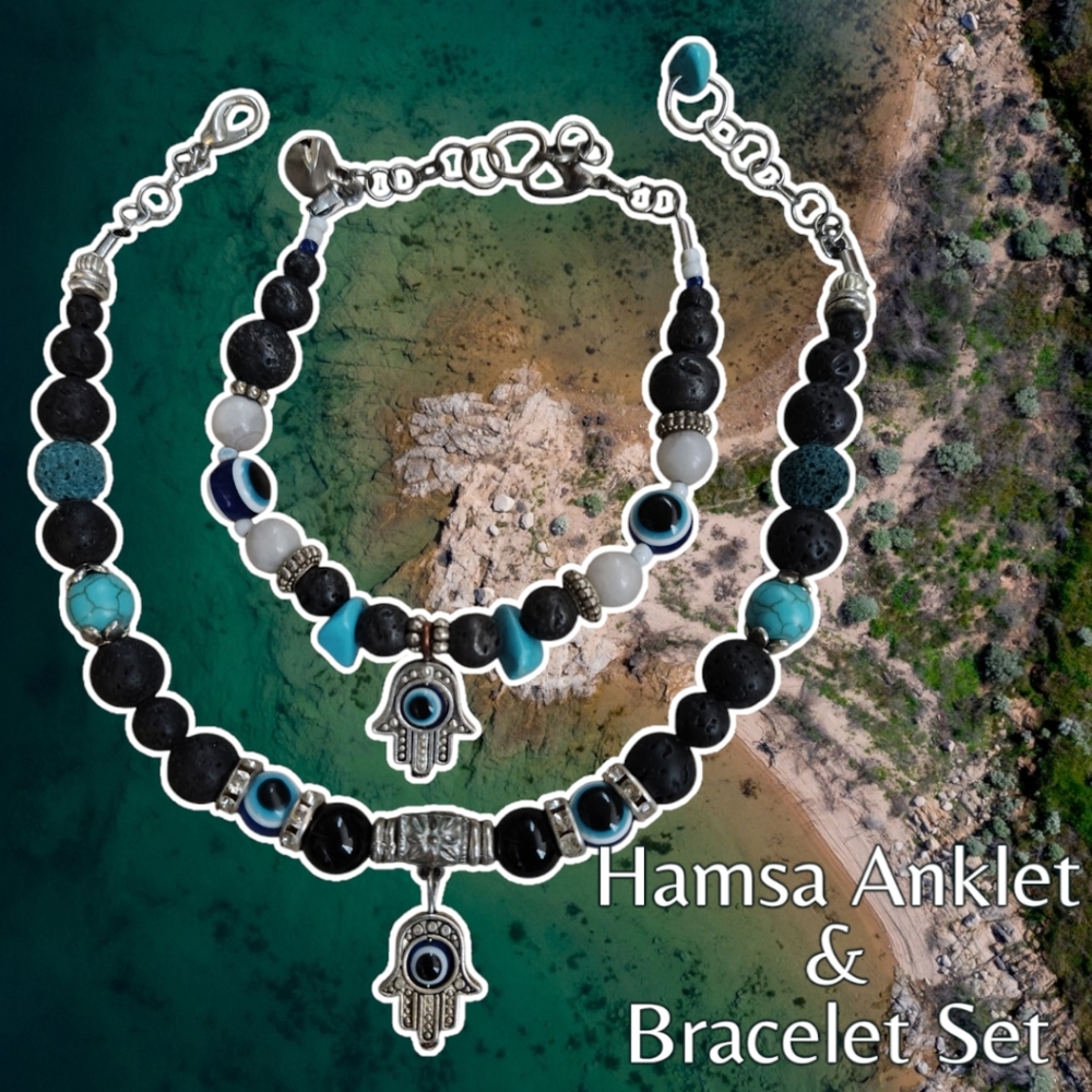 NEW Handmade Hamsa Evil Eye Lava Stone, Silver, Turquoise Bracelet & Anklet Set